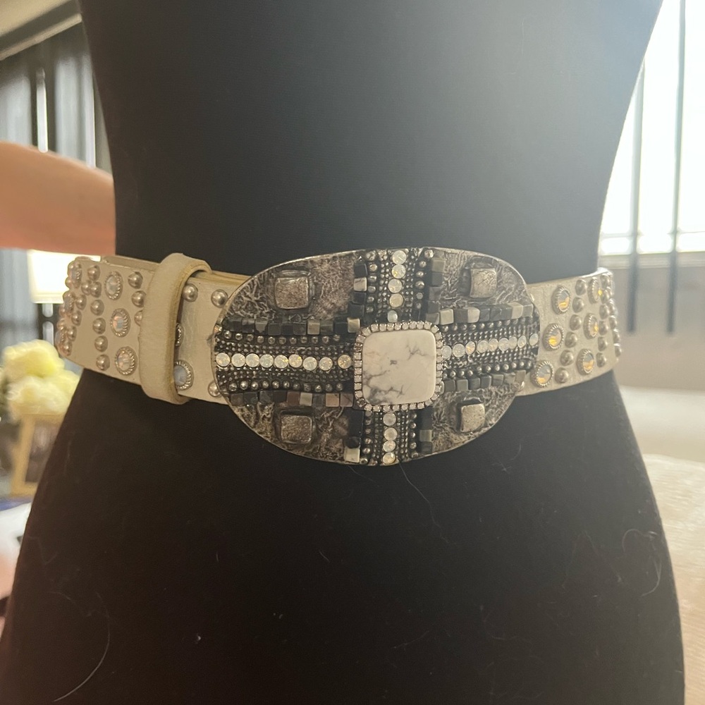 Leatherock Embellished Beige Belt with stone Buckle